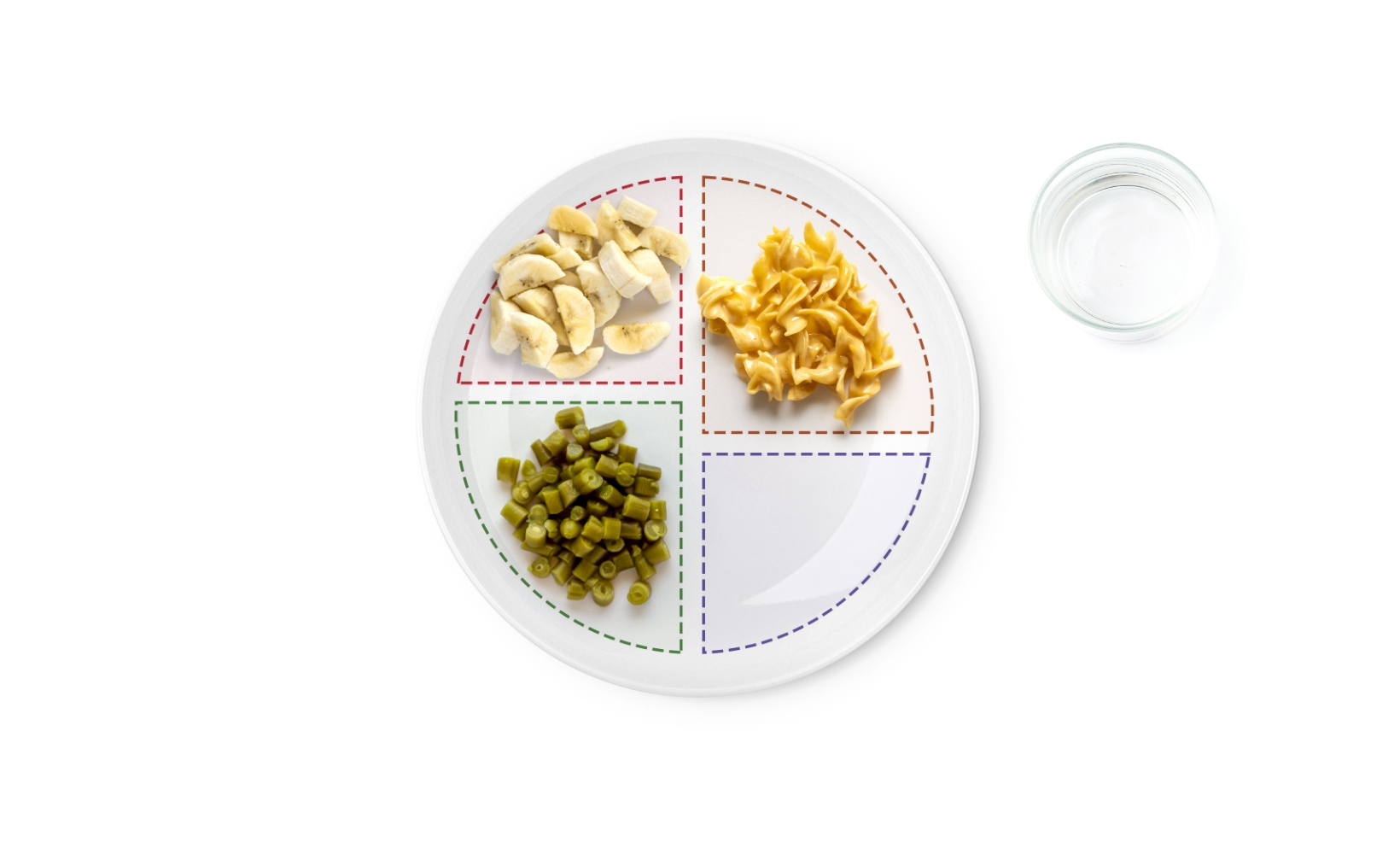 Divided plate with bananas, pasta, green beans, and water.